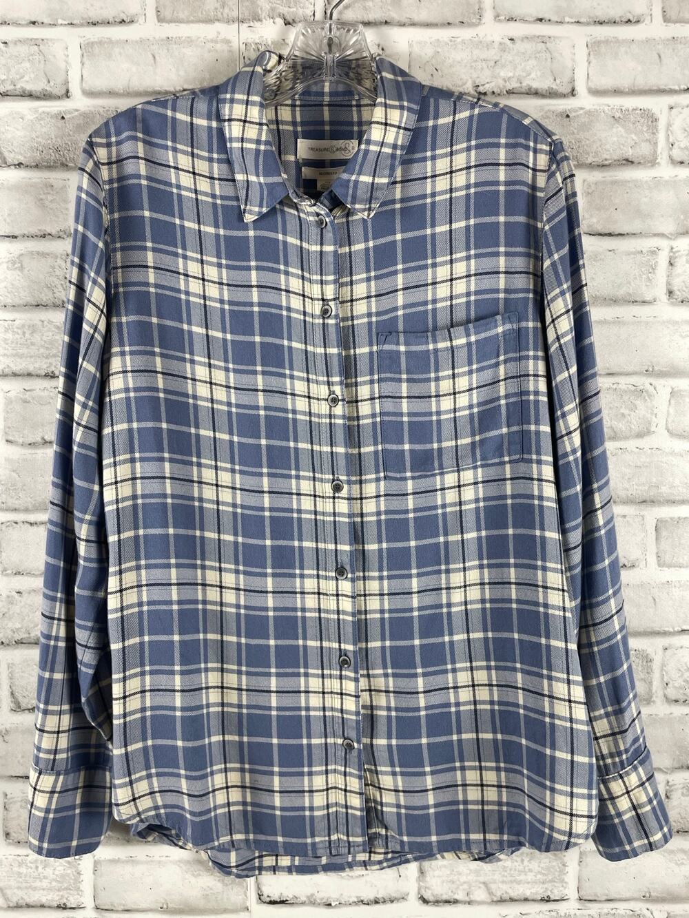 Treasure & Bond Womens XS Blue Plaid Boyfriend Button Up Shirt Top